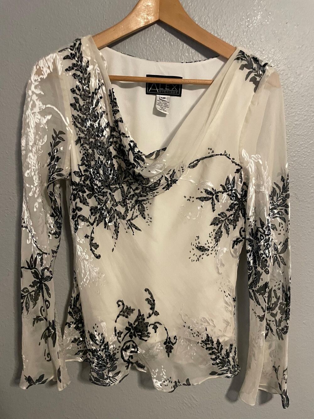 Alex Evenings Blouse Womens Petite Medium Cream Floral Beaded Cowl Silk Sheer